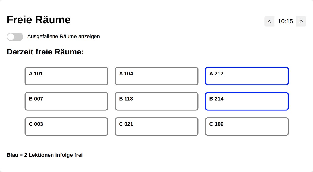 the Break-room web app showing a grid of currently free classrooms